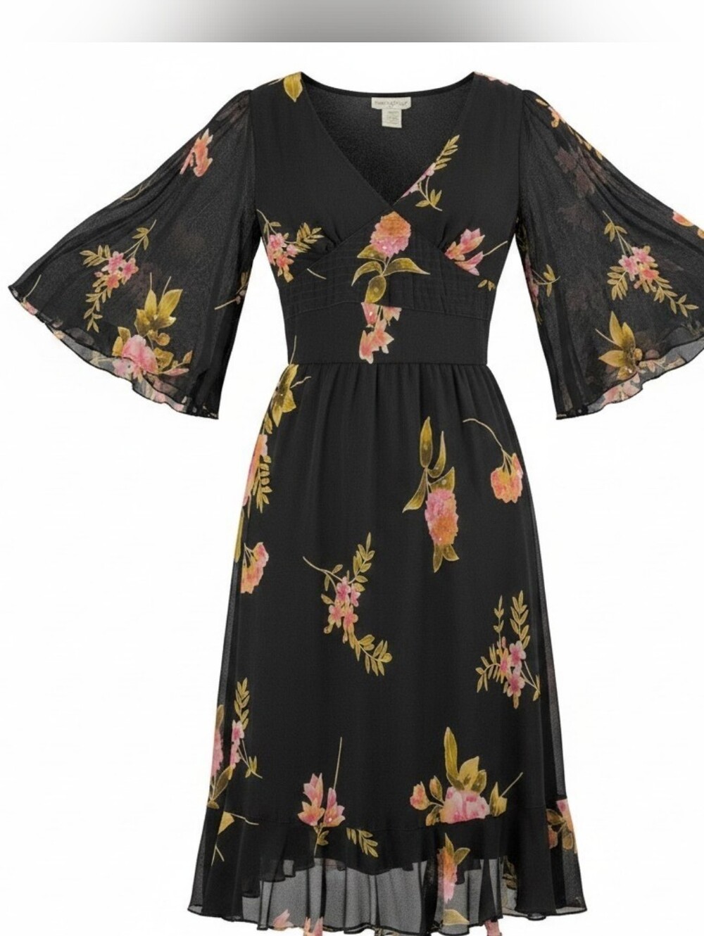 Vintage Floral Midi Dress with Flutter Sleeves